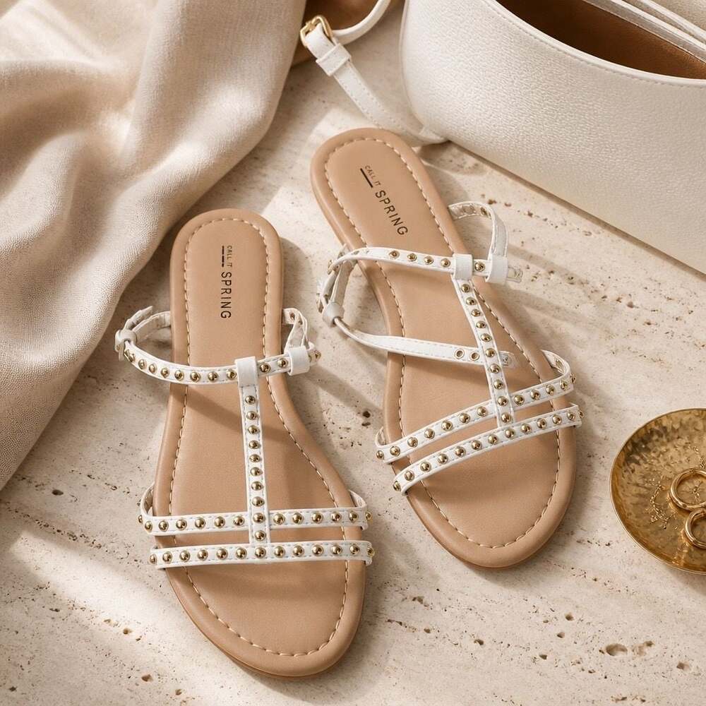 Call It Spring Studded T-Strap Flat Sandals Size 7.5 (2 Pairs) #417